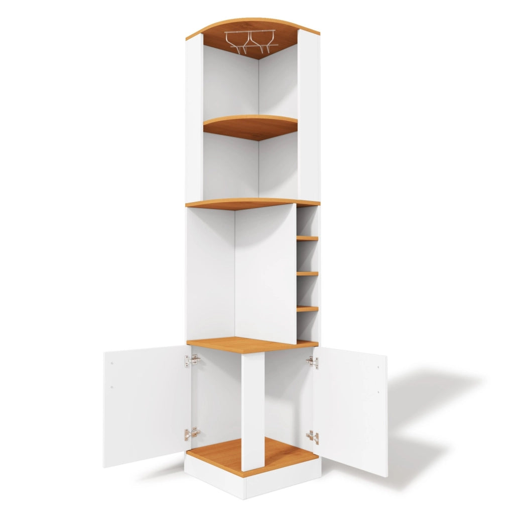 Mobile angolare portabottiglie con portacalici; 40×40×182 cm; MDF bianco