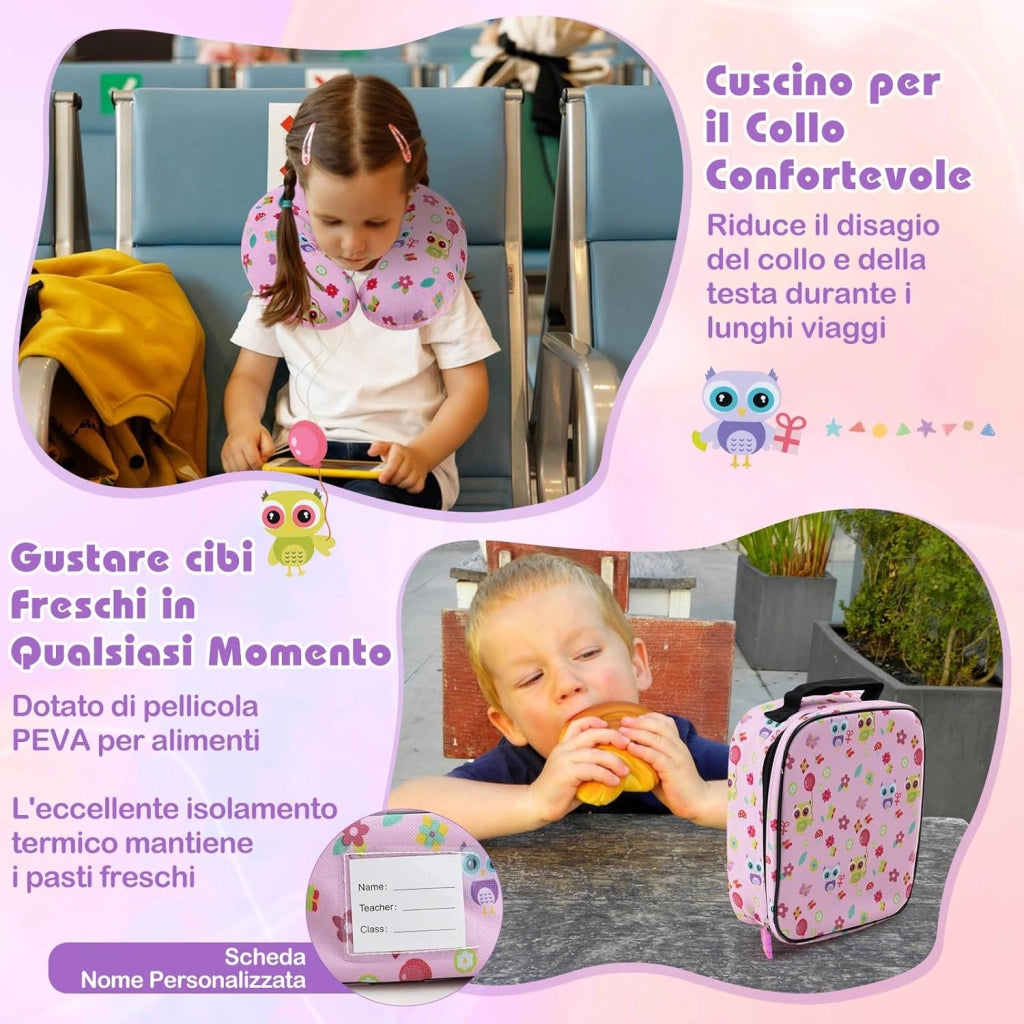 5 Pezzi Valigia per Bambini, Valigia con ManicoTelescopico da 16" con 13" Zainetto, Cuscino per Il Collo, Etichetta per Bagaglio, Borsa per Il Pranzo, con Ruote Girevoli a 360 ° (Modello 4)