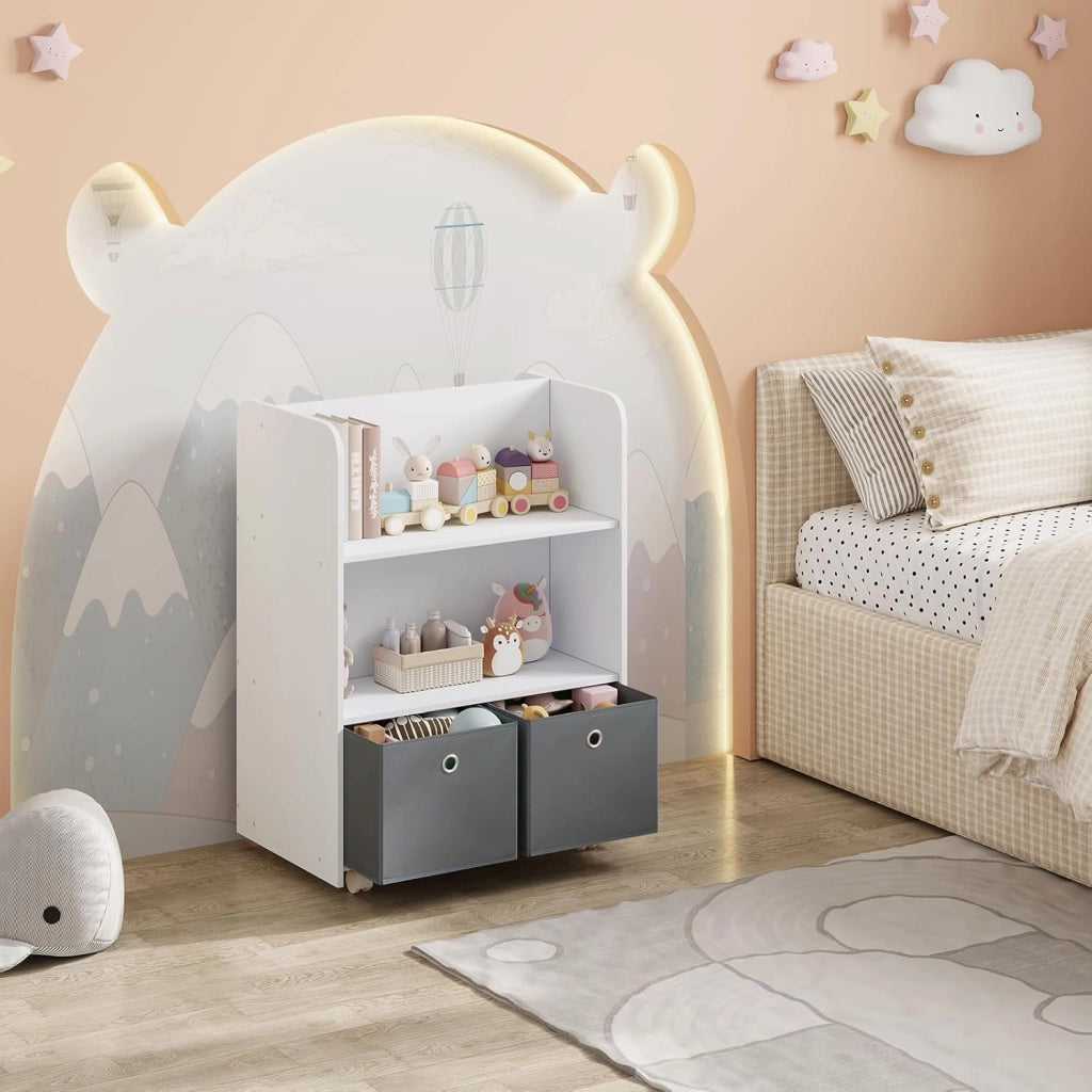 Libreria per Bambini con Ruote 2 in 1, Porta Libri e Giocattoli, Libreria a 3 Ripiani e Portagiochi con Scatole e Scomparti Aperti per Camerette, Asili, in Legno, Bianco, 62,5x40x82,5cm