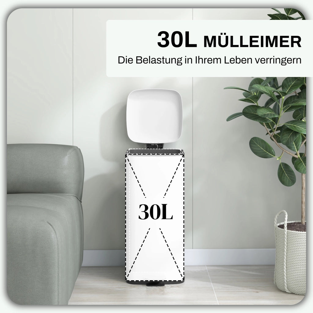 Cestino 30 Litri ¨C zephmum ¨C Bianco, Acciaio/Plastica, Soft-Close, Pedale, 28x35x63,5 cm