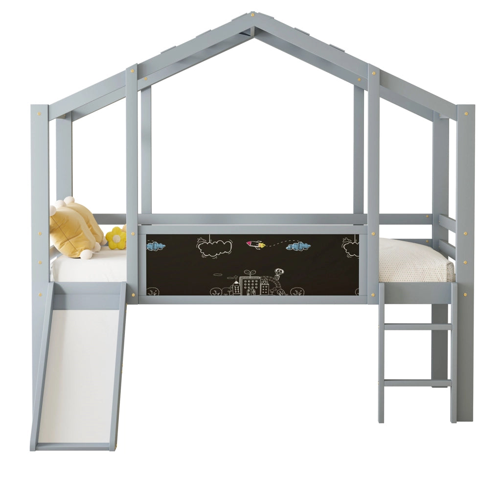 LETTO a soppalco per bambini 90 x 200 cm grigio in legno con scivolo e lavagna