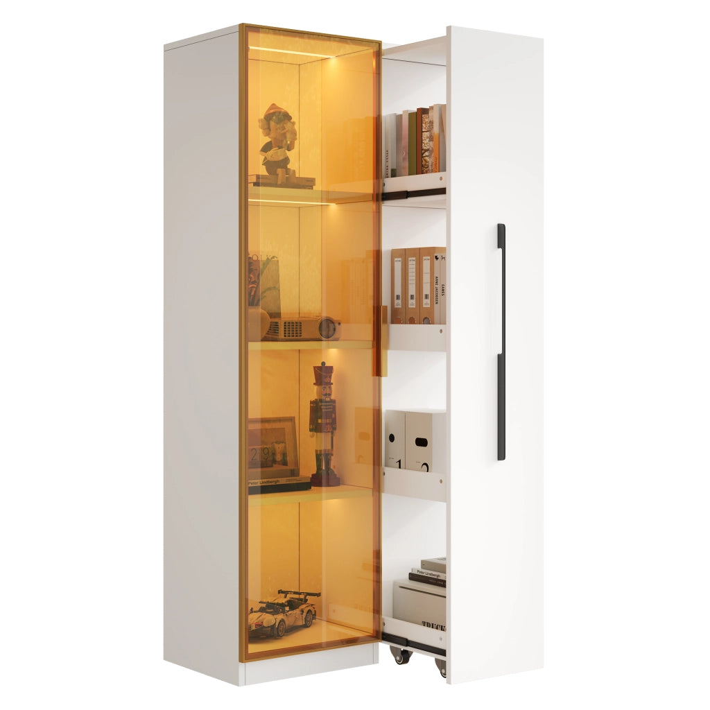 OKWISH Vetrina con Anta in Vetro, Modulo Laterale Estraibile e LED, per Soggiorno o Sala da Pranzo, MDF, Bianco, 70 x 40 x 160 cm