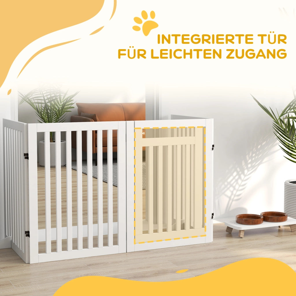Barriera estensibile a forbice pieghevole a 4 pannelli con porta e piedini di supporto per cani in MDF bianco