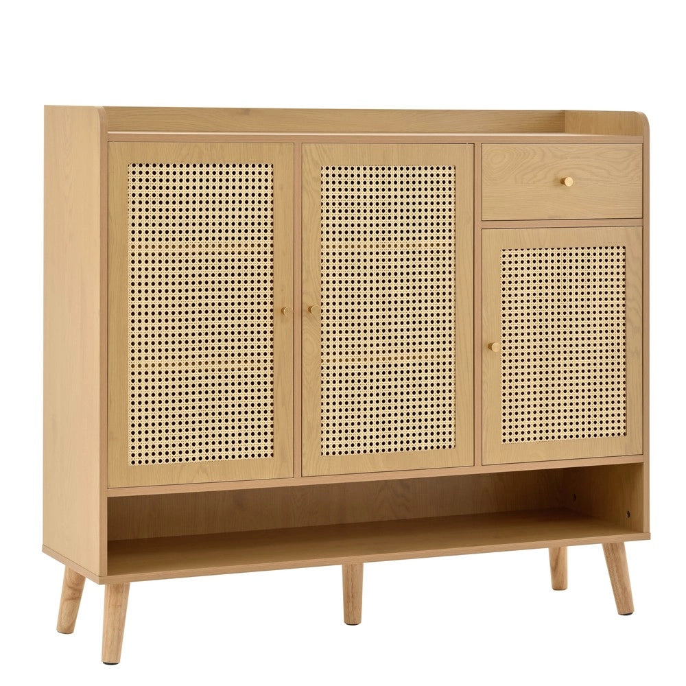 Scarpiera in Rattan con 3 Ante, 1 Cassetto e 5 Ripiani ¨C MINIMAL ¨C Legno Massello, 120x106x35 cm