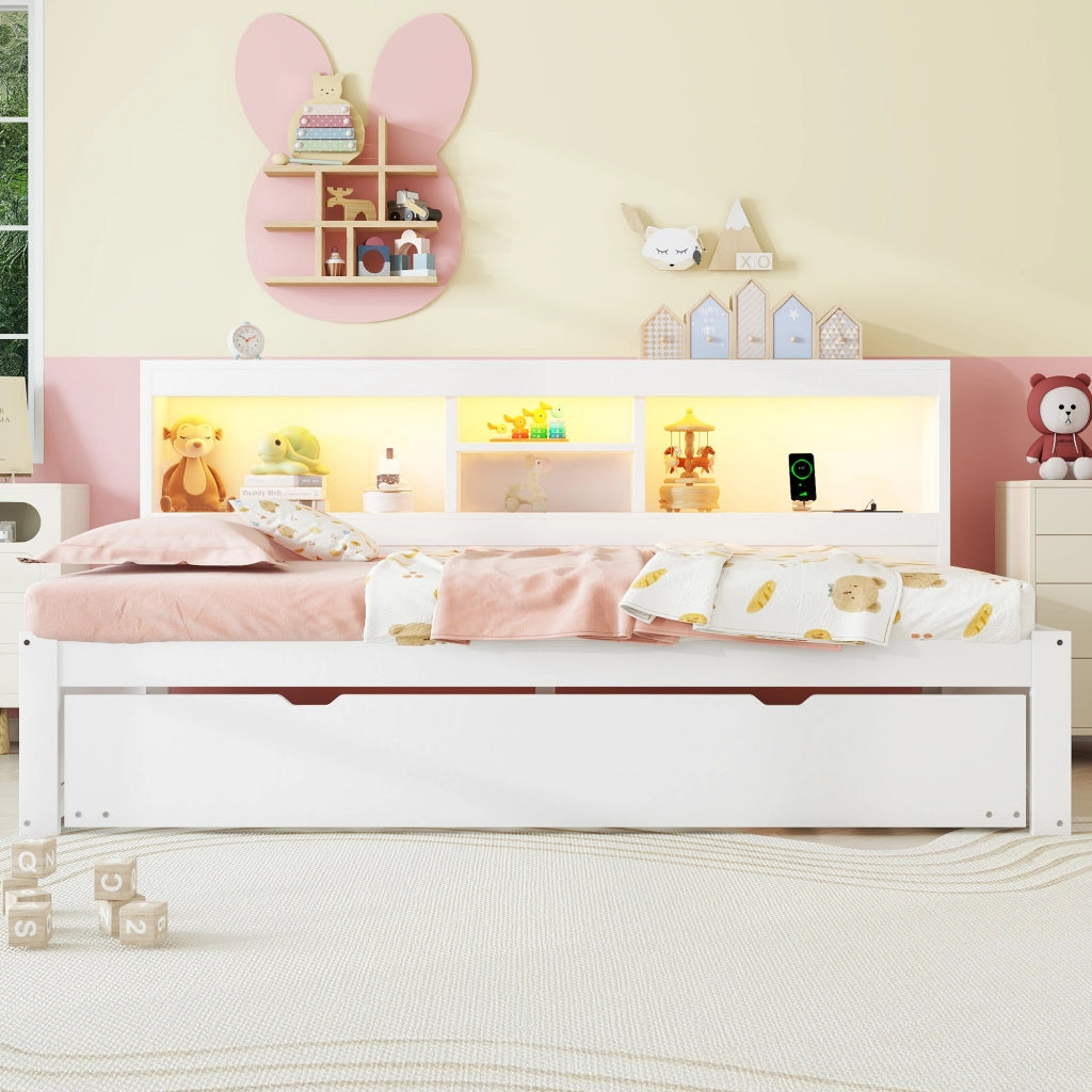 Divano letto daybed 90x200 cm con letto estraibile, LED, USB e presa, vano laterale, bianco