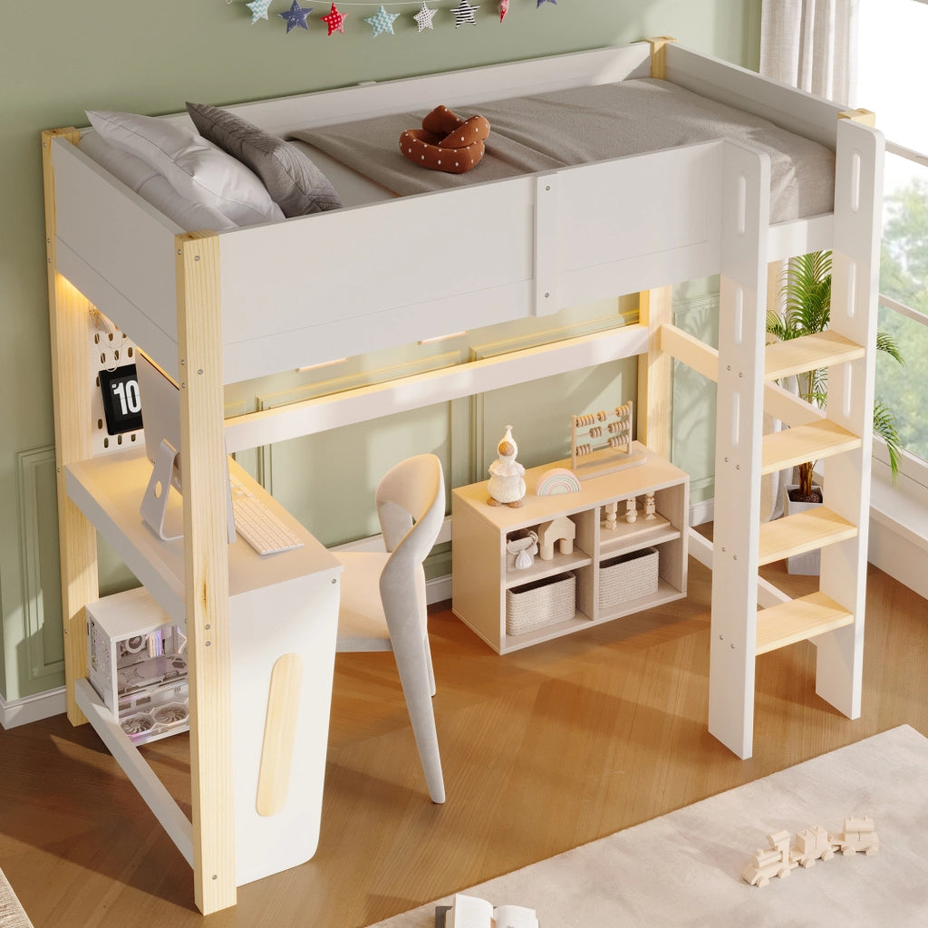 Letto a soppalco per bambini 90x200 cm, letto rialzato con scrivania integrata, pannello forato, illuminazione LED, pino, naturale e bianco