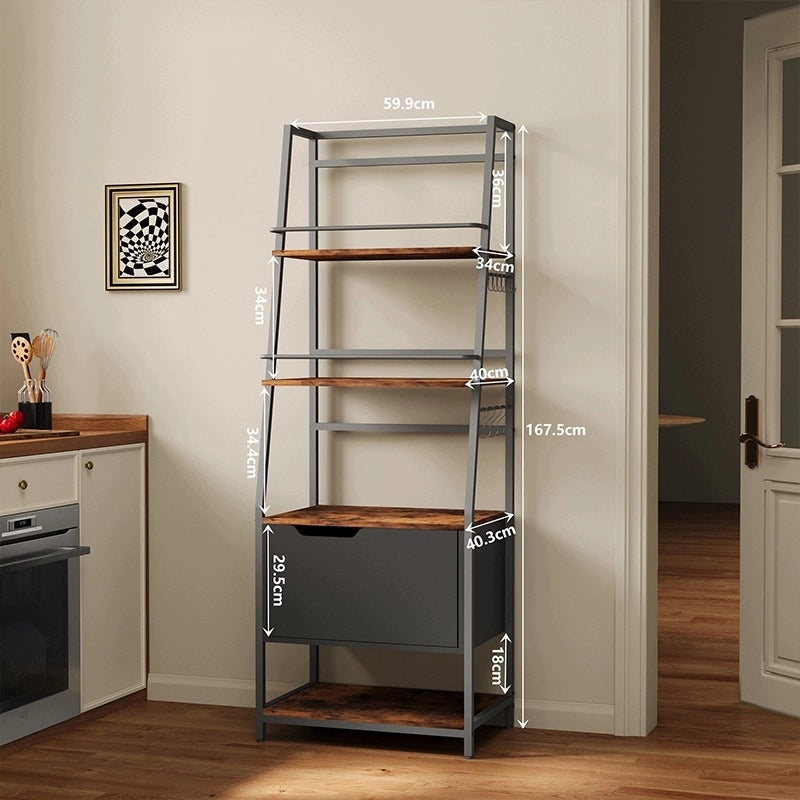 Scaffale da cucina per microonde in rovere rustico, grande e pratico, con ganci in stile loft