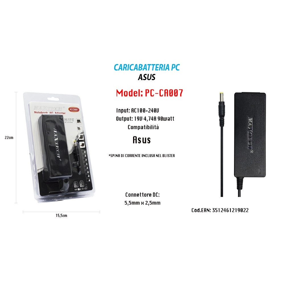 Trade Shop - Caricabatteria Pc Asus Alimentatore Batteria Ricambio 19v 4.74a 90w Maxtech Pc-ca007 -