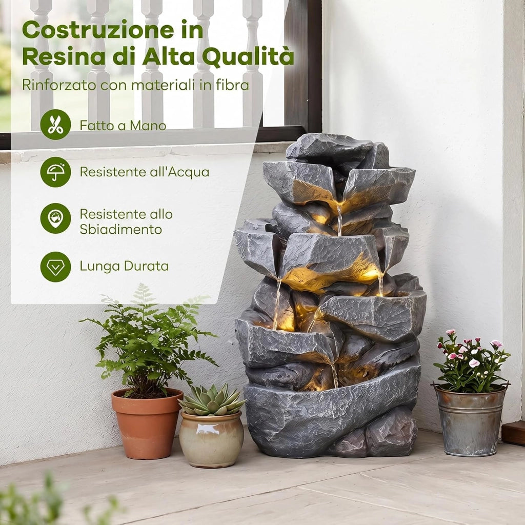Fontana da Giardino a 5 Livelli con Luci e Flusso Regolabile | Fontanella Cascata Elettrica a Forma di Roccia con Effetto di Pietra da Terrazza e Balcone