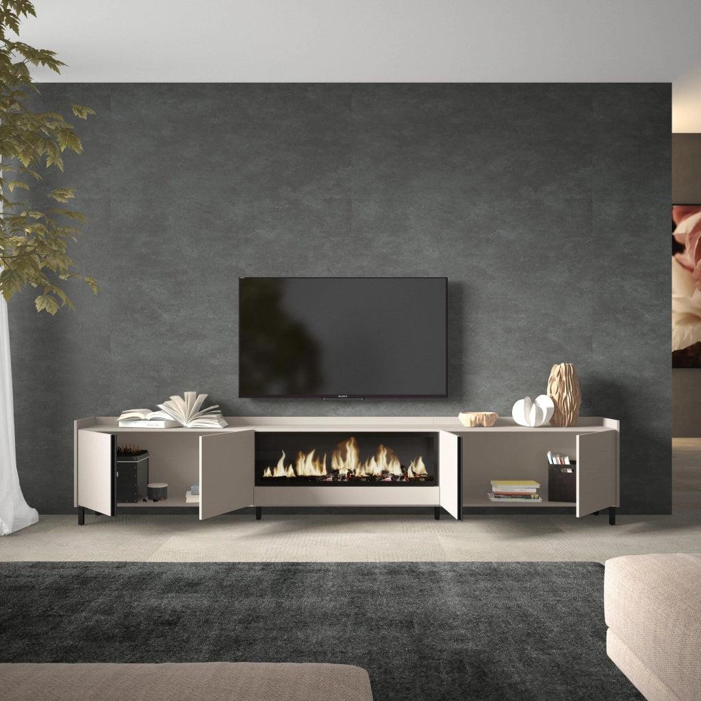Mobile TV Soggiorno, 315x61x35 cm, Per TV fino a 80", Camino elettrico XXL, Design industriale, Beige