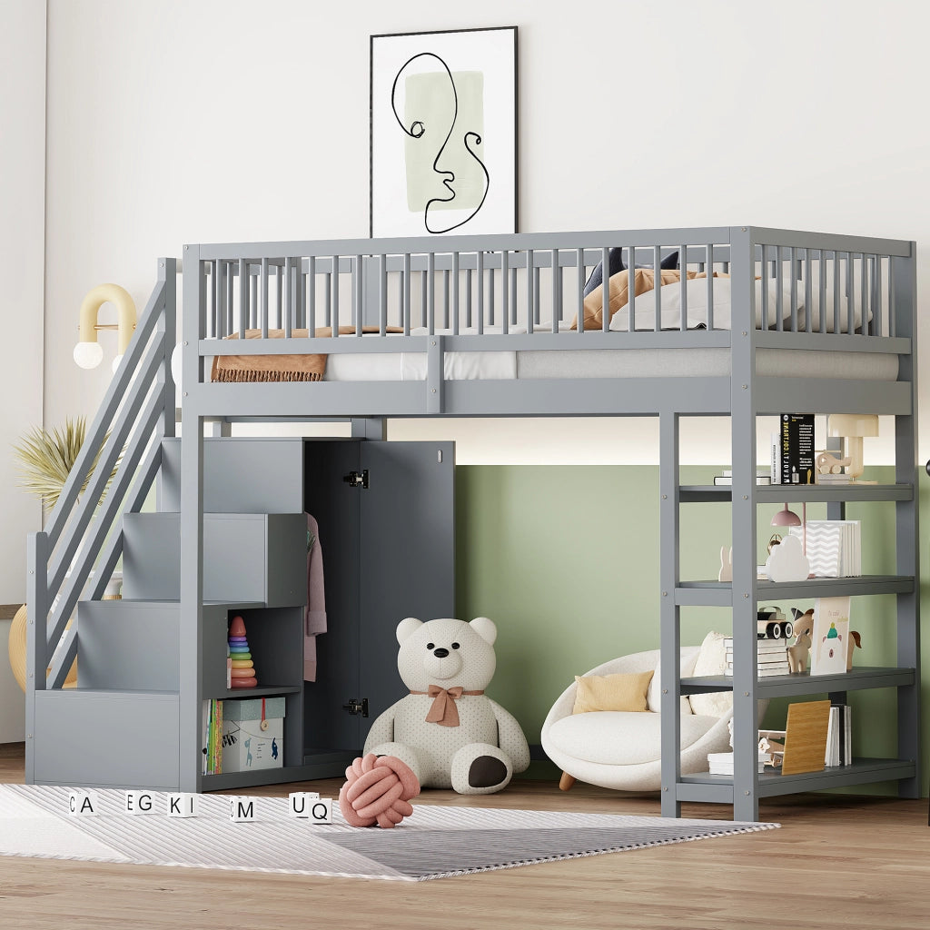 Letto a Soppalco 90 x 200 cm; Singolo con Armadio; Scaffali e Vani Contenitore; senza Materasso; Grigio