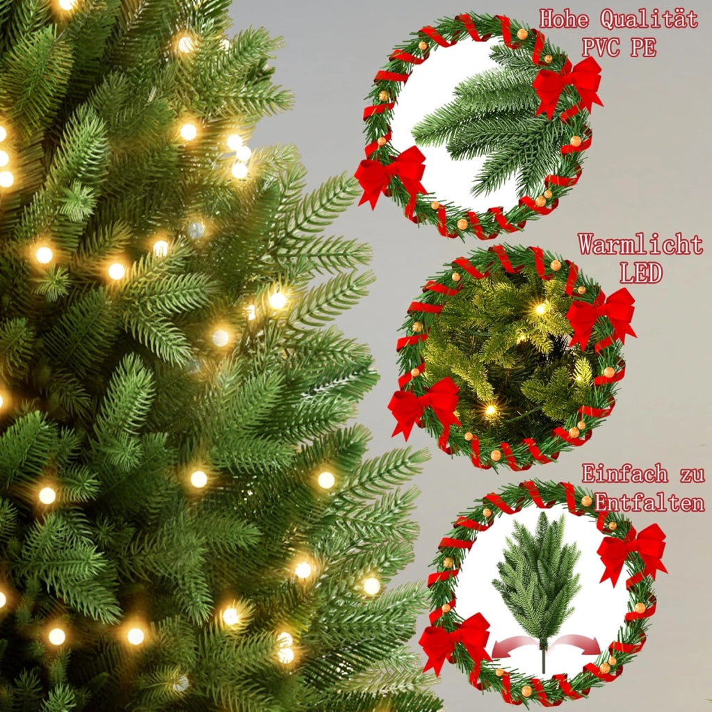Albero di Natale Artificiale con Illuminazione 150 cm in PVC/PE Abete di Natale con Base in Legno Alberi di Natale Christmas Tree Decorazione Natalizia