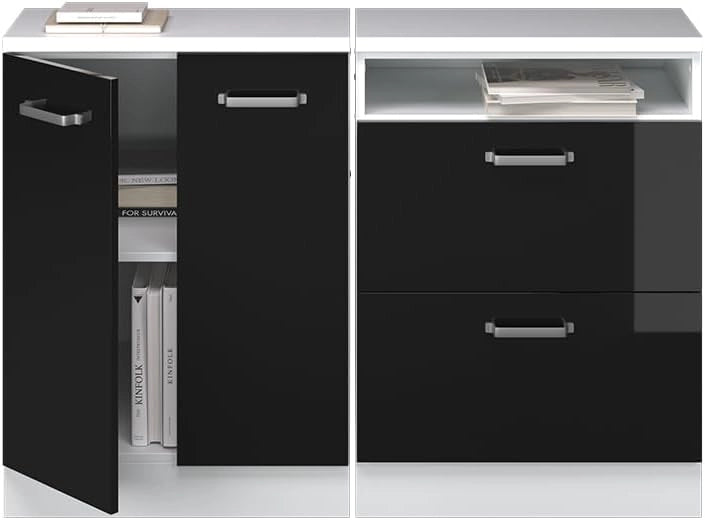 Set di mobili sottotetto Rion, Nero lucido, 120 cm Set di 2 carcasse armadio profondità 60 cm, adatto per il salvaspazio sotto tetti spioventi