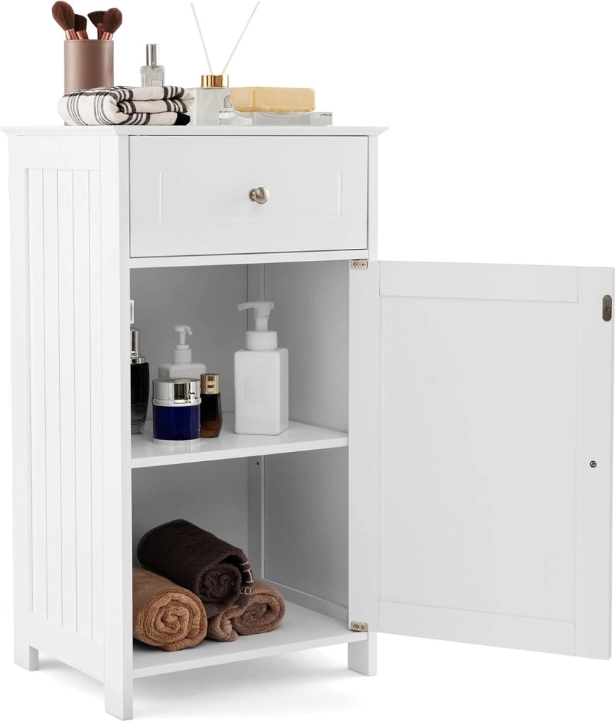 Armadio da Bagno con Ante e Cassetto 43 x 34 x 77cm, Mobile Bagno con Mensola Regolabile e Dispositivo Anti-ribaltamento, Armadietto Elegante per Ufficio, Soggiorno e Camera da Letto (Bianco)