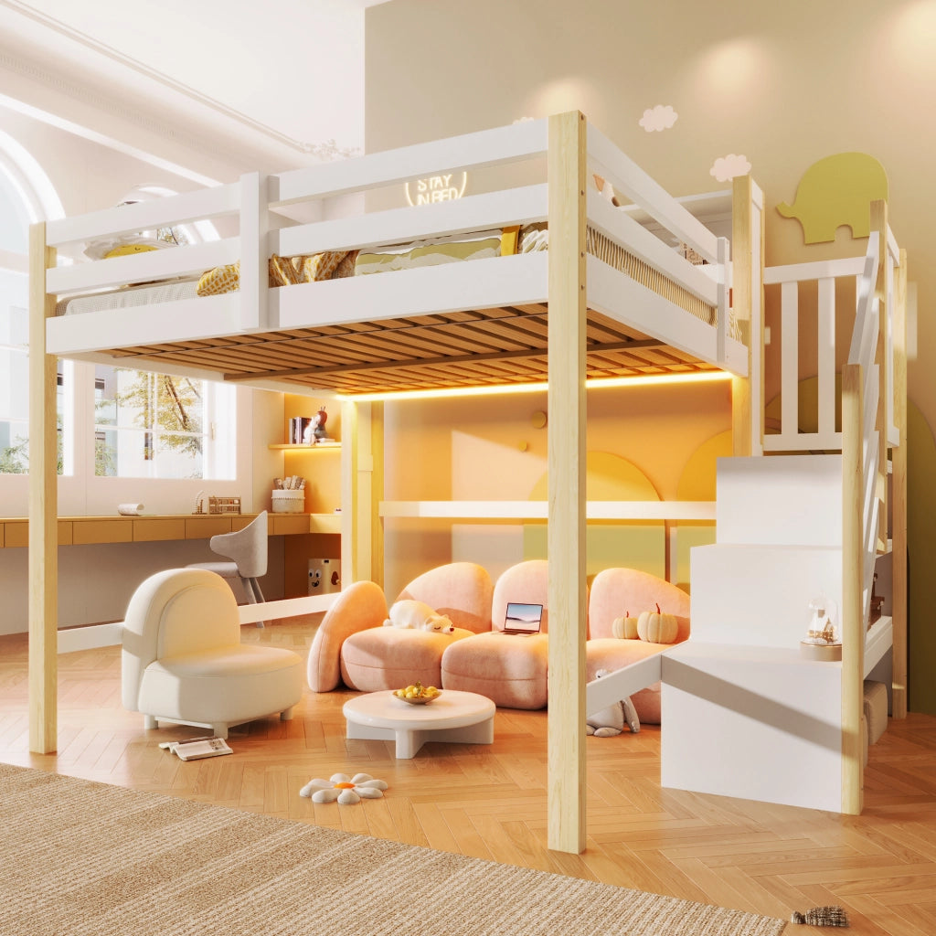 LETTO a soppalco 140x200 cm con LED, scala contenitore, bianco e naturale