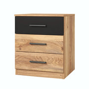 Comodino tre cassetti, collezione EOS. Colori rovere chiaro e nero.