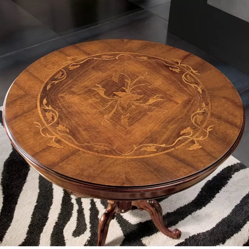 Tavolino rotondo classico intarsiato legno massello bassano 90x90x77 - Mobili 2G