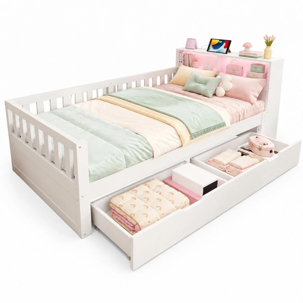 Letto singolo multifunzione 90x200 cm con divano L; LED; prese e contenitore; bianco
