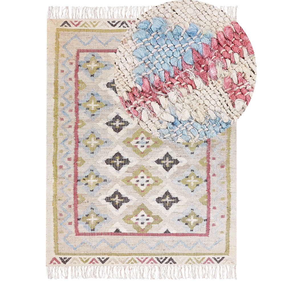 Tappeto in iuta beige multicolore 160 x 230 cm fatto a mano con nappe soggiorno camera da letto