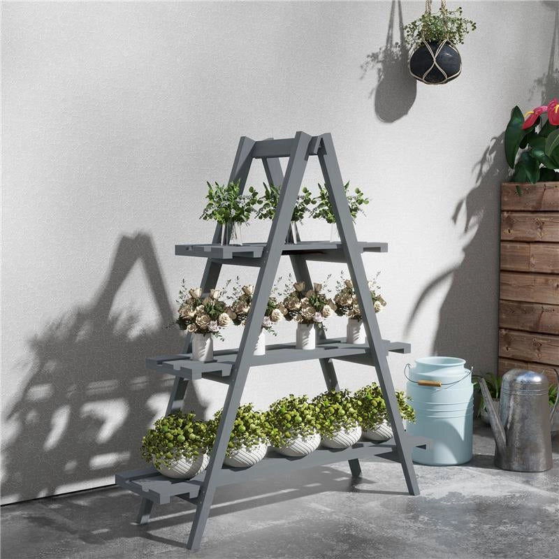PORTAPIANTE VERTICALE 3 LIVELLI A DOGHE, IN LEGNO DI ABETE, 100X36X112 CM, GRIGIO