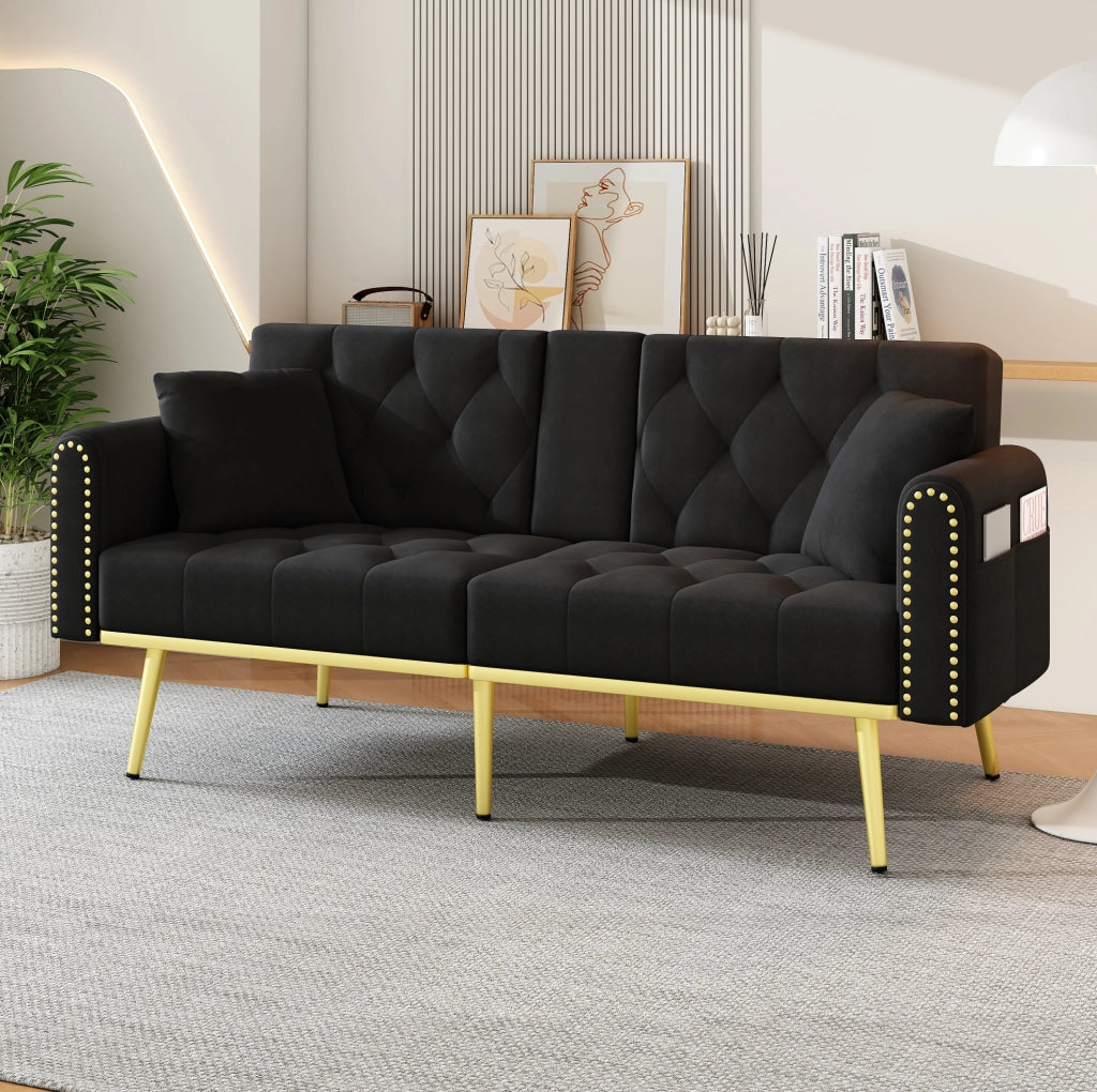 Divano letto 2 posti 175x80x73.5 cm con schienale regolabile e portabicchieri in velluto nero
