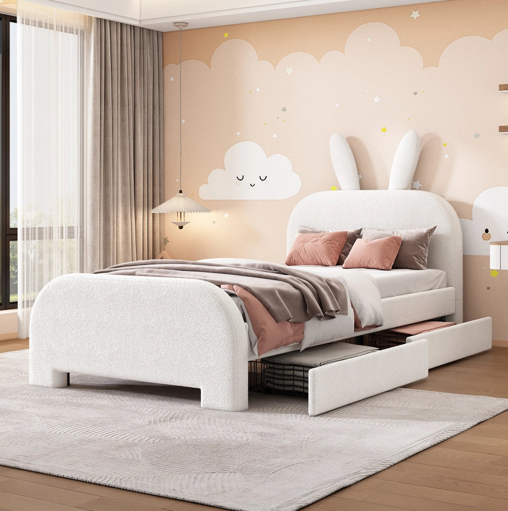 Letto singolo 90 x 200 cm con forma di coniglio e 2 cassetti