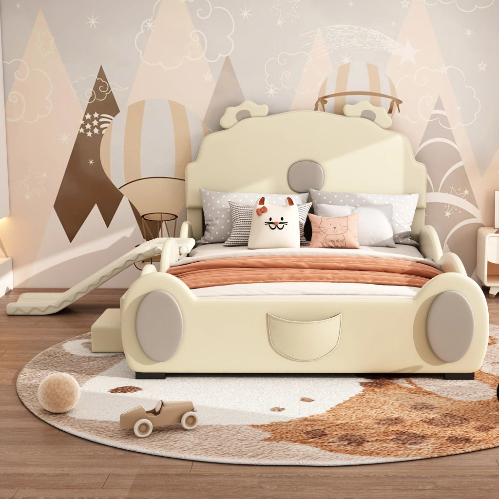 LETTO per bambini 140x200 cm PU Beige con scivolo e scala