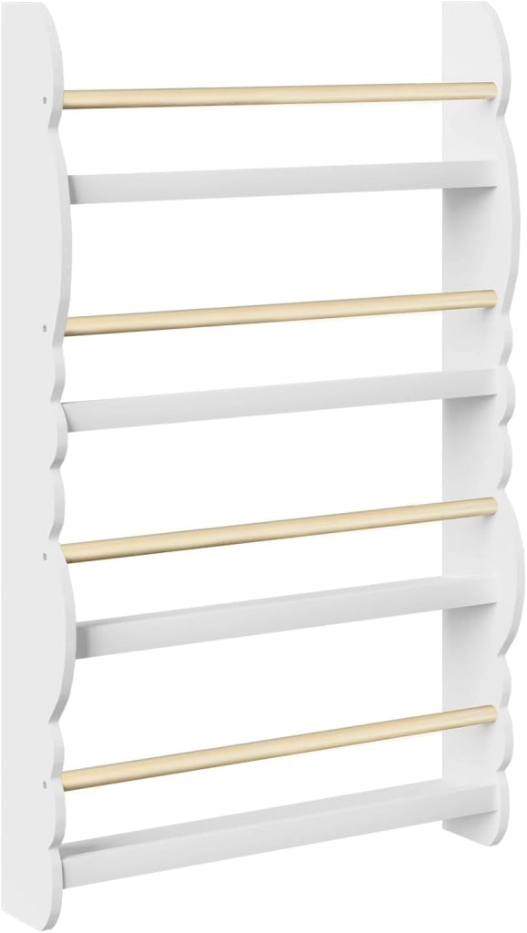 Libreria da Parete per Bambini, Piccola Libreria Frontale a 4 Ripiani in Legno, Scaffale Porta Libri a Muro per Cameretta, Bianco, 60x14,5x98 cm