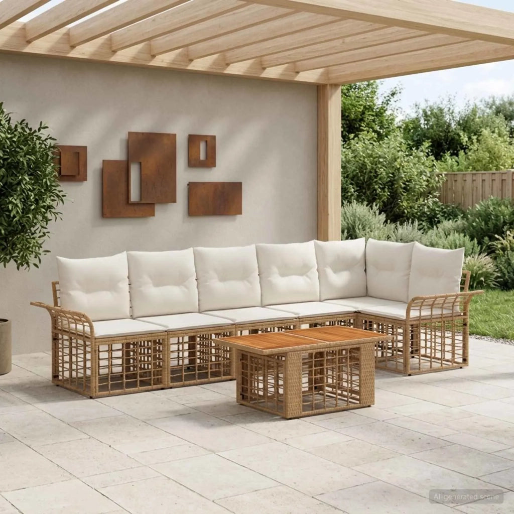 Set Divano da Giardino 7 pz Naturale e Bianco Crema polyrattan 3437980