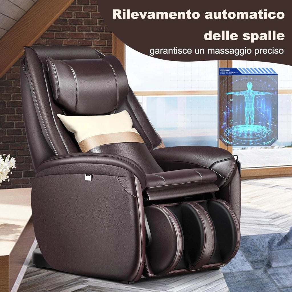 Poltrona Massaggiante Elettrica Shiatsu 8 Modalità, Poltrona Reclinabile con Riscaldatore Schienale, Rilevamento Automatico Spalle, Controllo Remoto, Ruote e Cuscino (Marrone)
