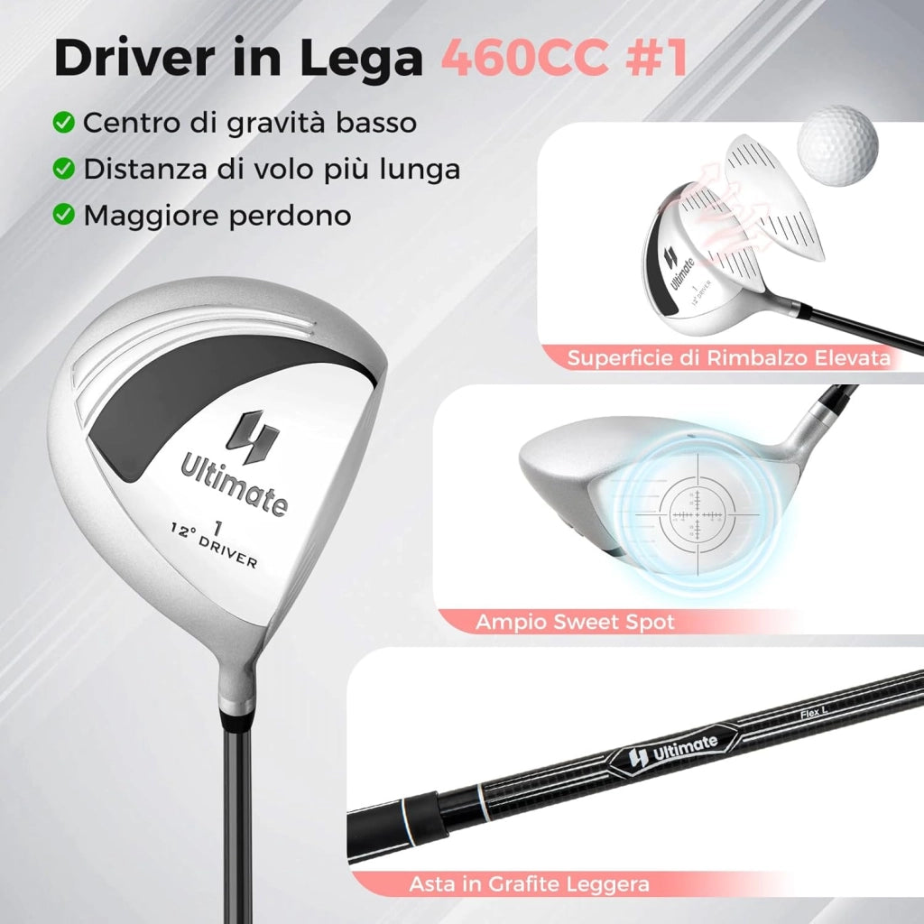 Set Completo di Mazze da Golf da Dona, Include Driver 460CC 1, Fairway 3, Ibrido 4, Ferri 6, 7, 8, 9 e P, Putter, 3 Copri Mazzetta e 1 Borsa per Destrimano