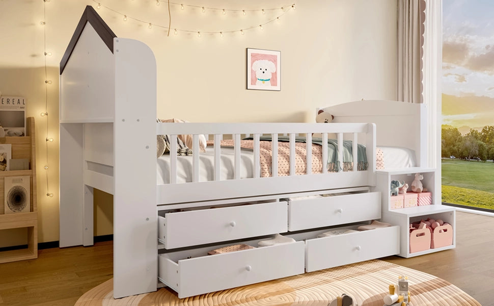 DESMIU Letto per bambini rialzato 1 posto con 4 cassetti, LED regolabile e scala con ripiani, 90 × 200 cm, senza materasso