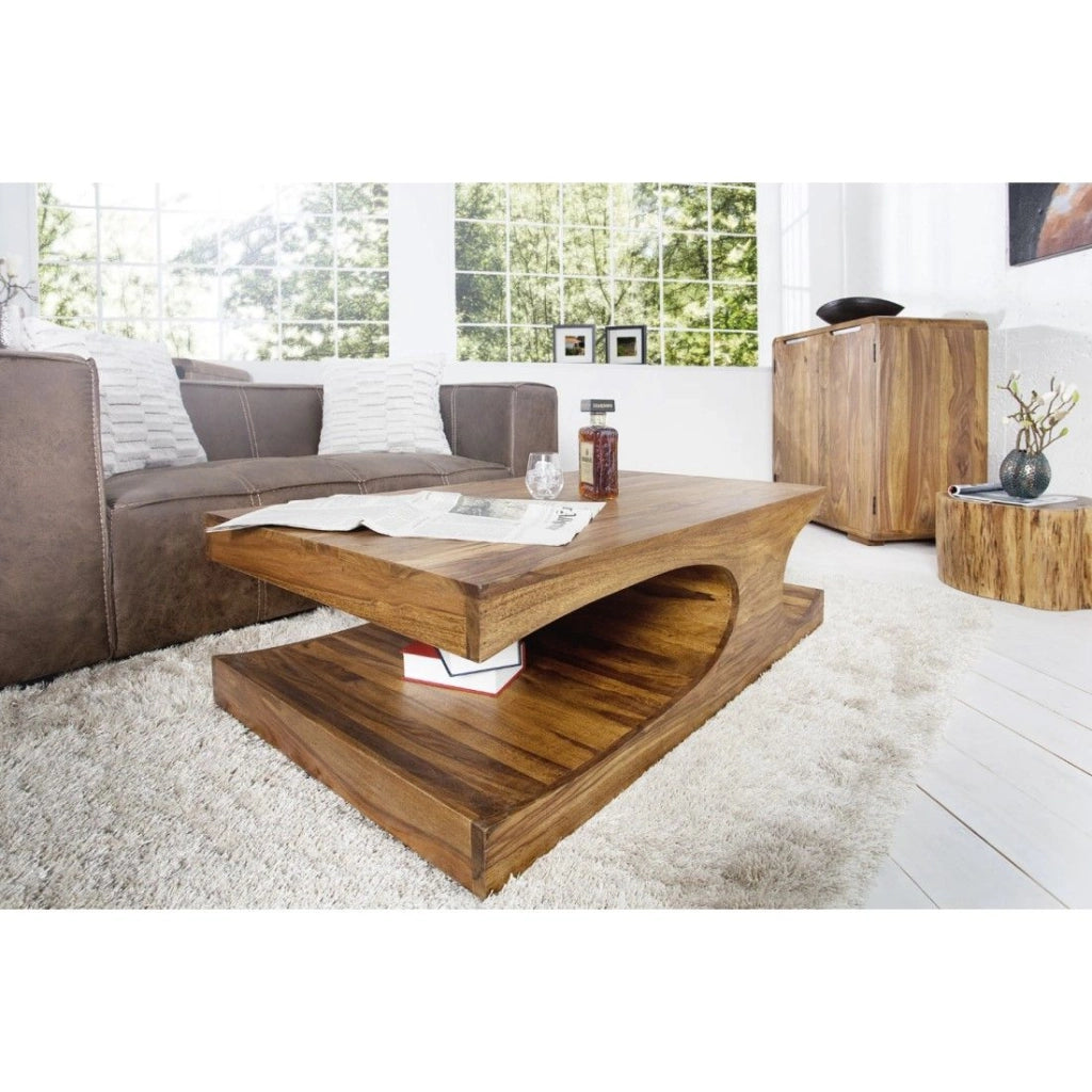 Tavolino basso NOMA 118 cm in legno di sheesham – Tavolino design in legno massiccio con nicchie