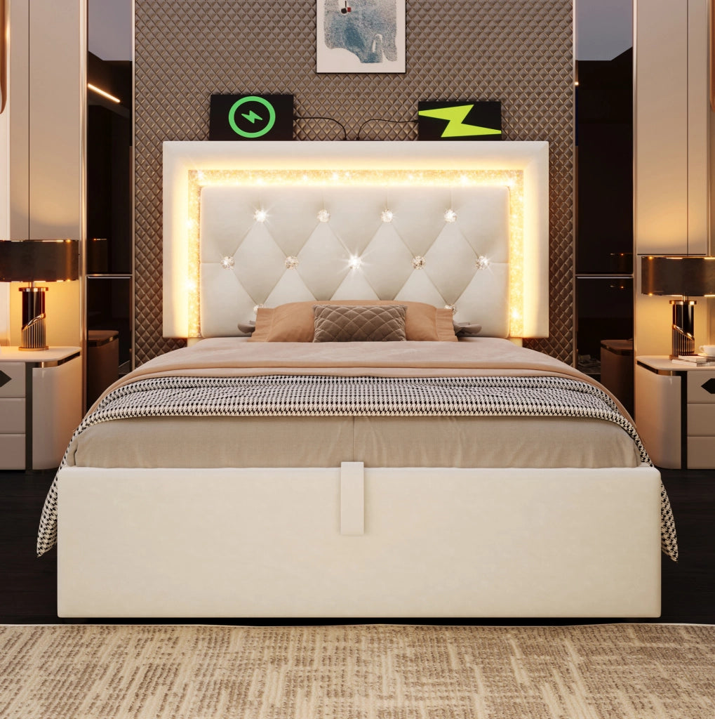 Letto singolo imbottito ULEVR 90x200 cm con contenitore idraulico, LED, USB e Type-C, velluto beige