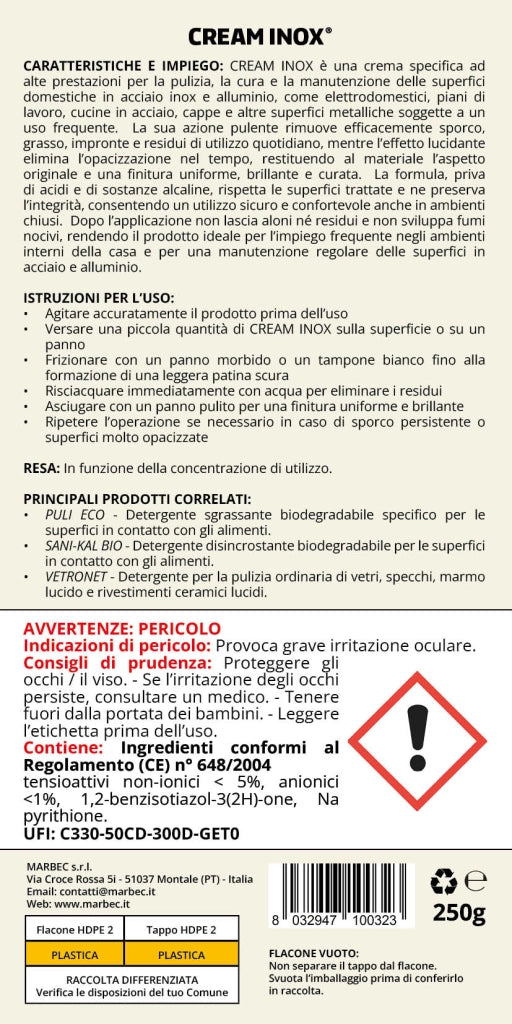 Crema detergente e lucidante per acciaio inox, elimina aloni e impronte Marbec CREAM INOX® - 250GRx6Pz