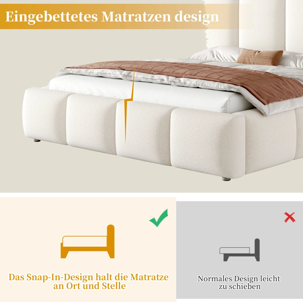 LETTO Contenitore Idraulico 160x200 cm Bouclé Bianco con Rete a Doghe