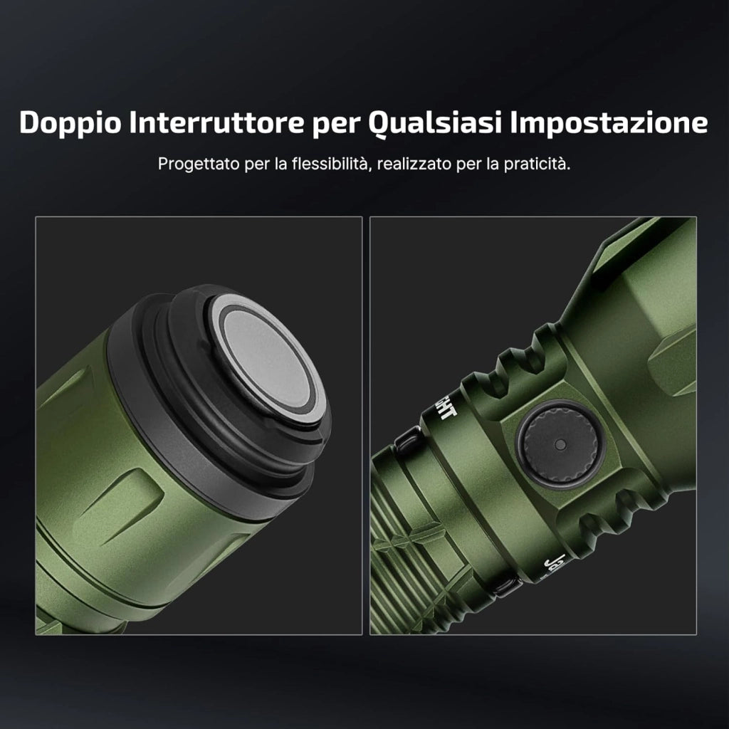 Javelot Professionale Torcia LED Ricaricabile 1350 lm Flashlight Piccola portabile Lunga Portata 730m, Luce Elettrico Alta potenza per Campeggio Caccia, Illuminazione Notturna (Verde)