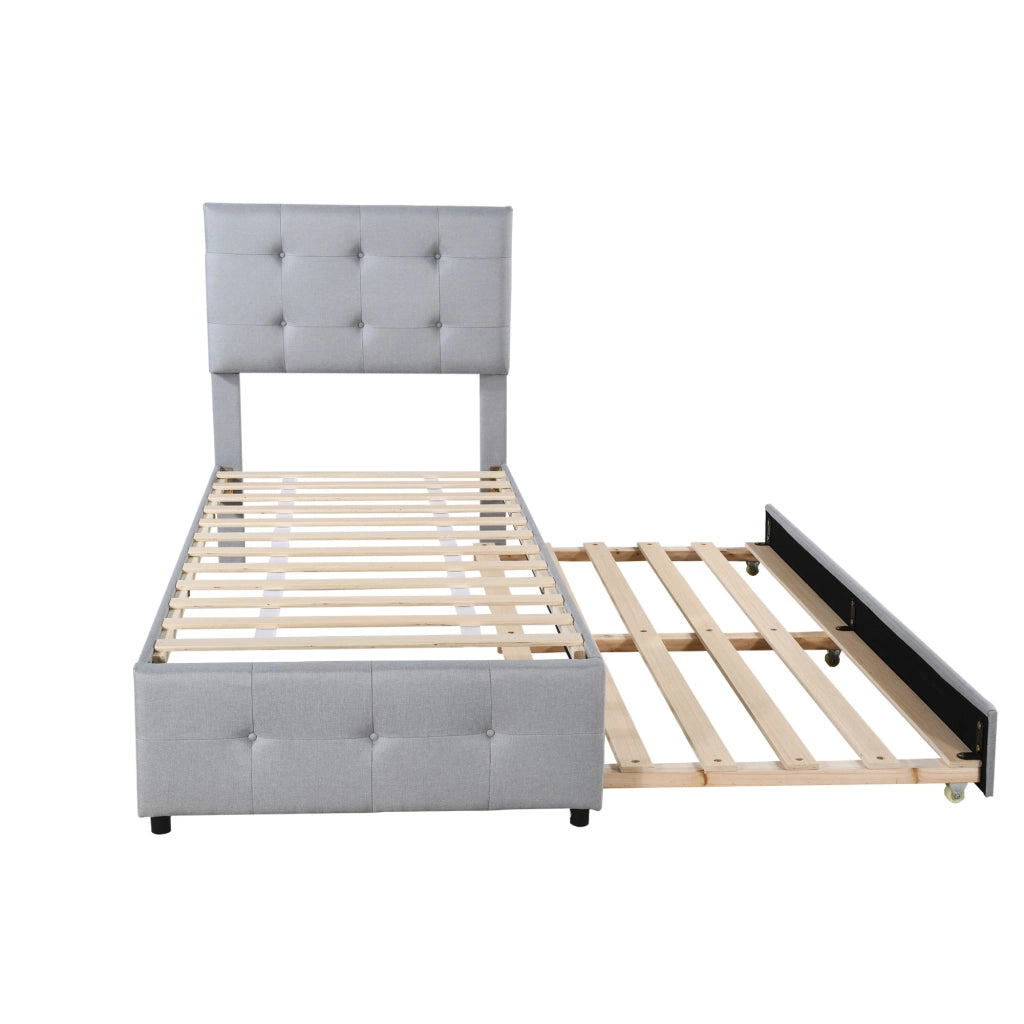 Letto singolo estraibile 90×200 cm e 90×190 cm con testiera regolabile; senza materasso; imbottito; grigio