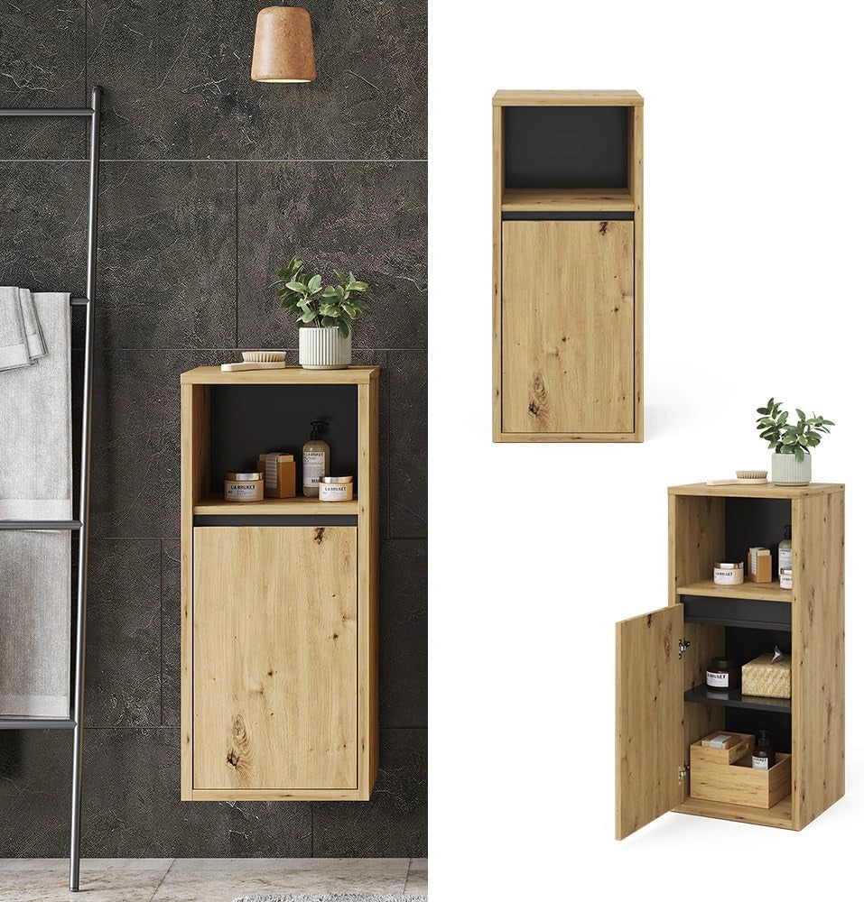 Mobiletto bagno Viola, Rovere artigianale, 38 x 80 cm, per montaggio a parete con vani a giorno e vani chiusi