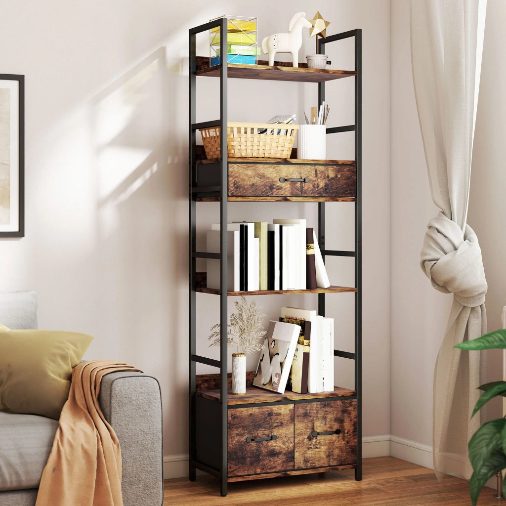 Libreria 6 Livelli con Cassetti Tessuto ¨C Zephmum ¨C 60x30x176cm Marrone Rovere