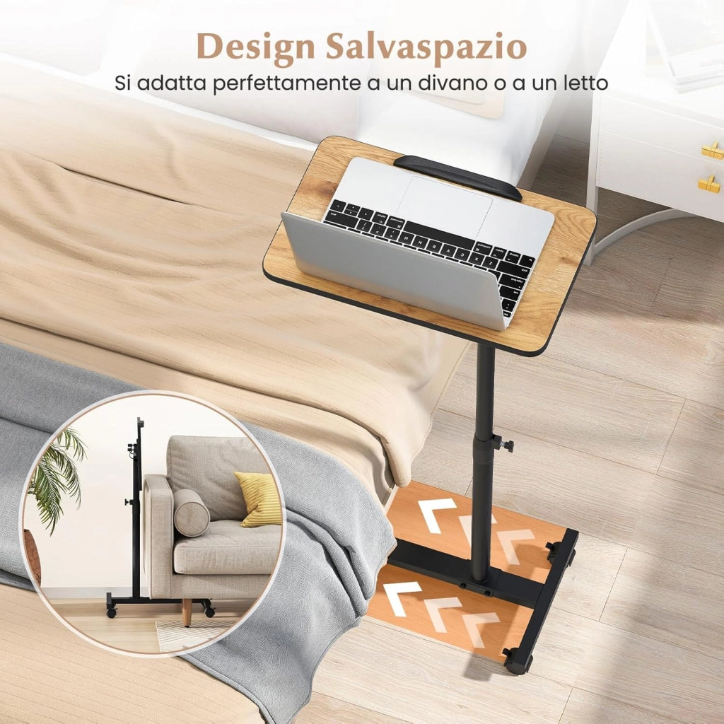 Tavolino Servitore con Altezza Regolabile, Ruote Bloccabili, Piano Girevole a 360° e Inclinabile con Fermo Bordo, Tavolino a Forma di C per Soggiorno, Camera da Letto e Studio (Naturale)