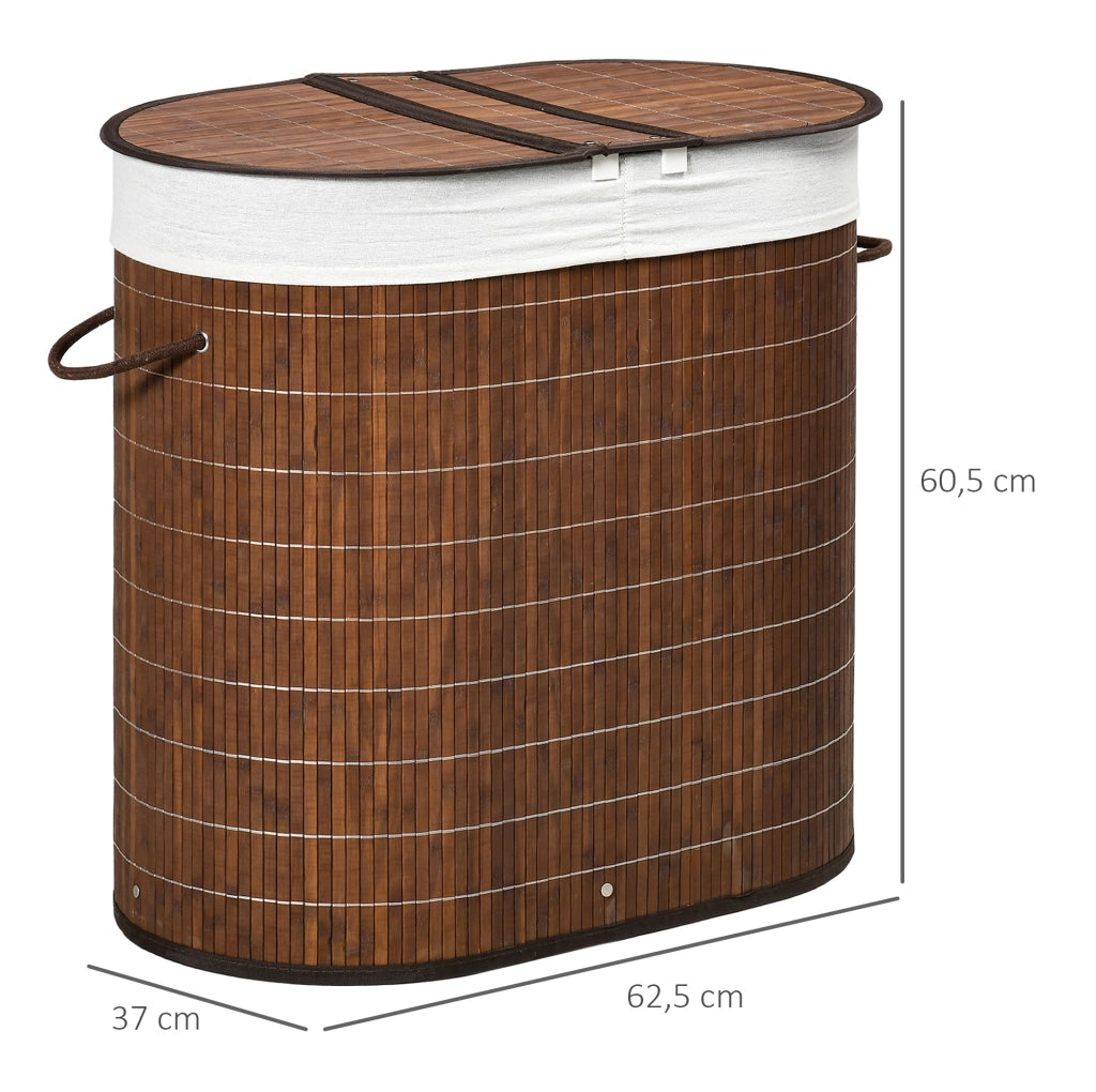 Cesto portabiancheria 100L con coperchio e due scomparti in bambù marrone