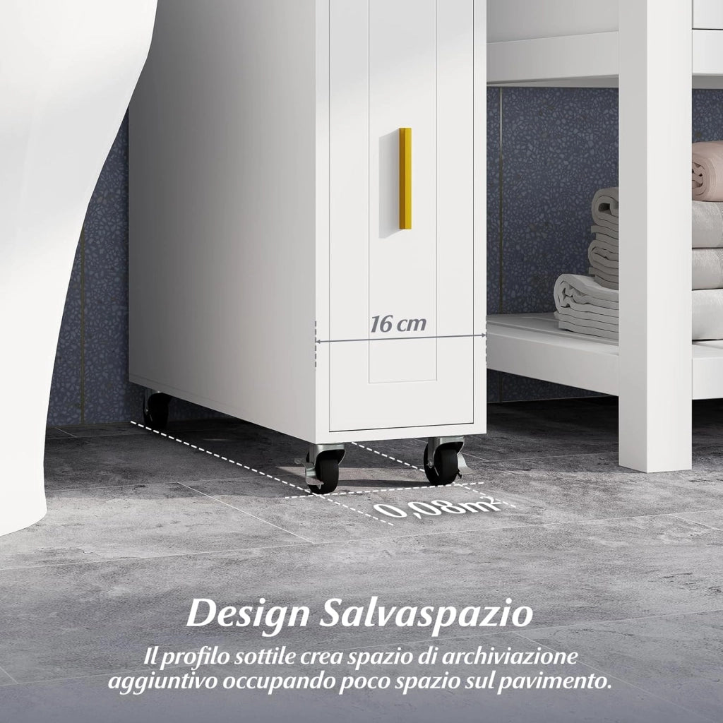 Credenza da Bagno Piccolo, Mobile Salvaspazio Stretto e Slim con Cassetto Scorrevole, Porta Fazzoletti, Portascopino e Ruote Bloccabile, Armadietto per Spazi Ridotti (Bianco)