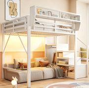 Letto a soppalco 140x200 cm con LED; scala di sicurezza e ripiani flessibili in metallo bianco