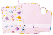 Set di cucito per scuola materna a tre pezzi per lavorare su tela Aida, composto da borsa, asciugamano e grembiule in spugna bianca, 100% cotone, realizzato in Italia, motivi fantastici a forma di fiore con sfondo rosa.