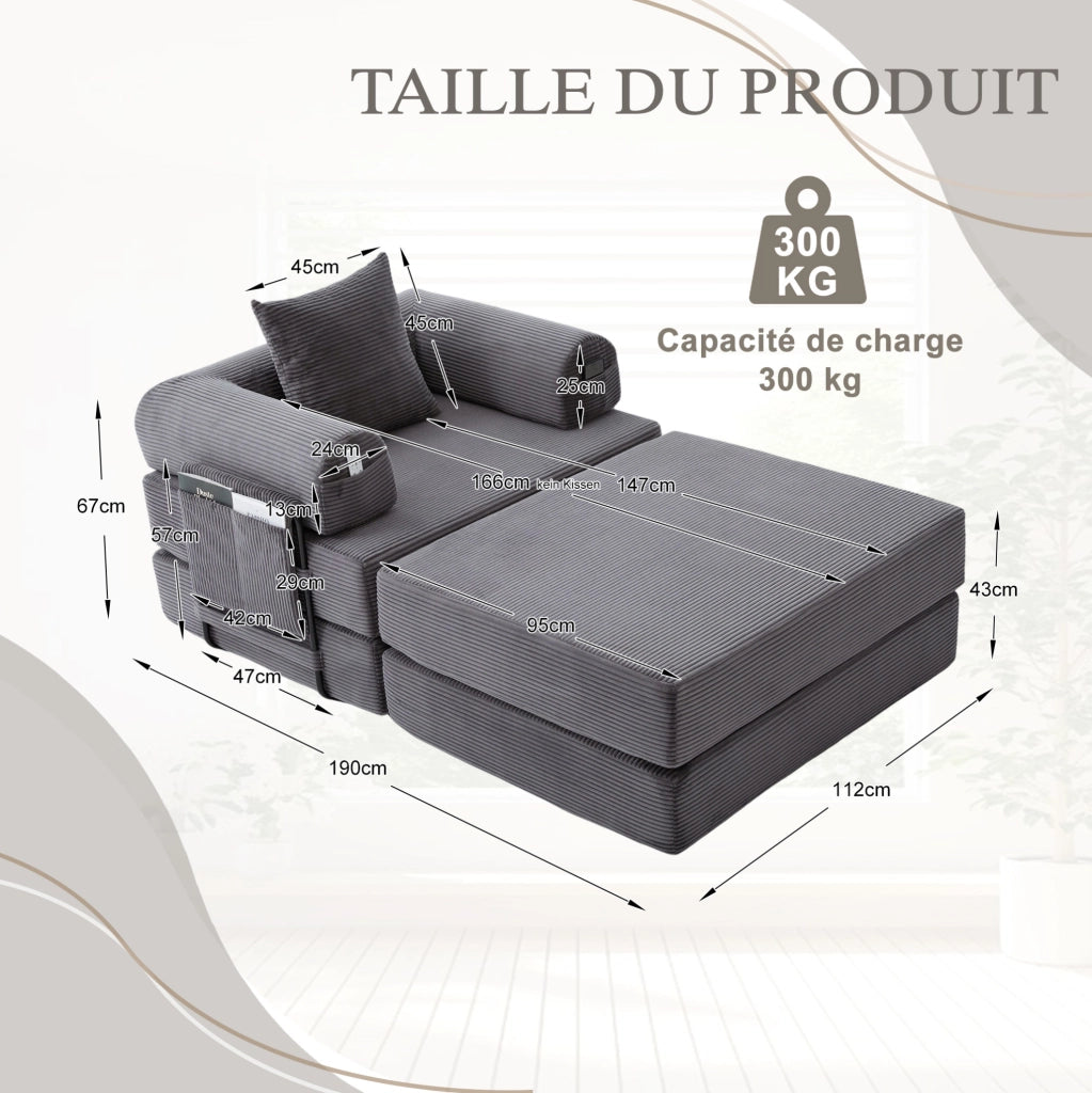 Divano modulare in velluto a coste grigio scuro 112x190x67 cm con pouf e tasca laterale
