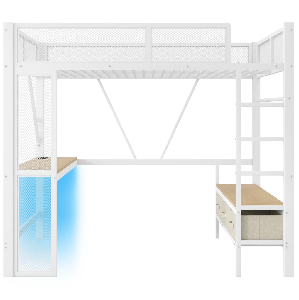 Letto a soppalco 140x200 cm con scrivania; LED e 3 cassetti in metallo e MDF bianco