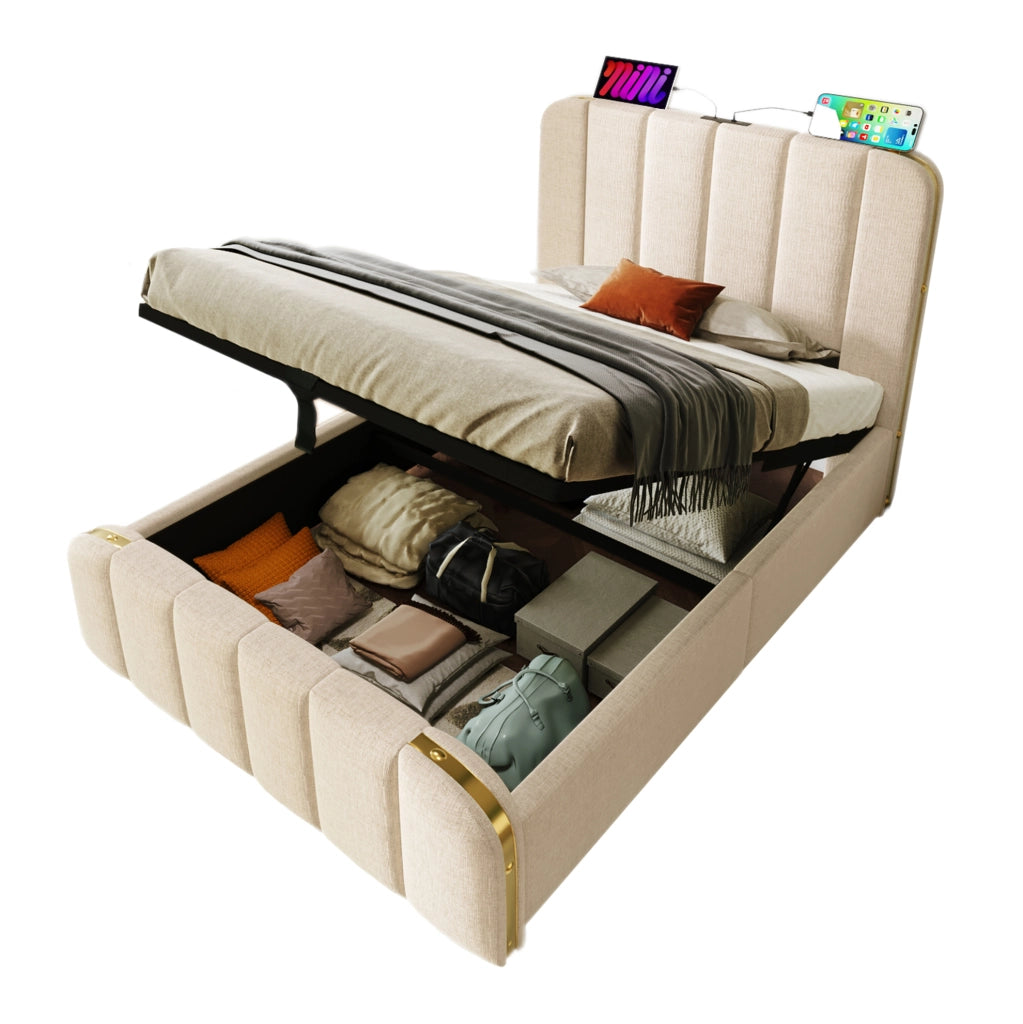 Letto singolo contenitore 90x200 cm in lino beige con USB e Type-C