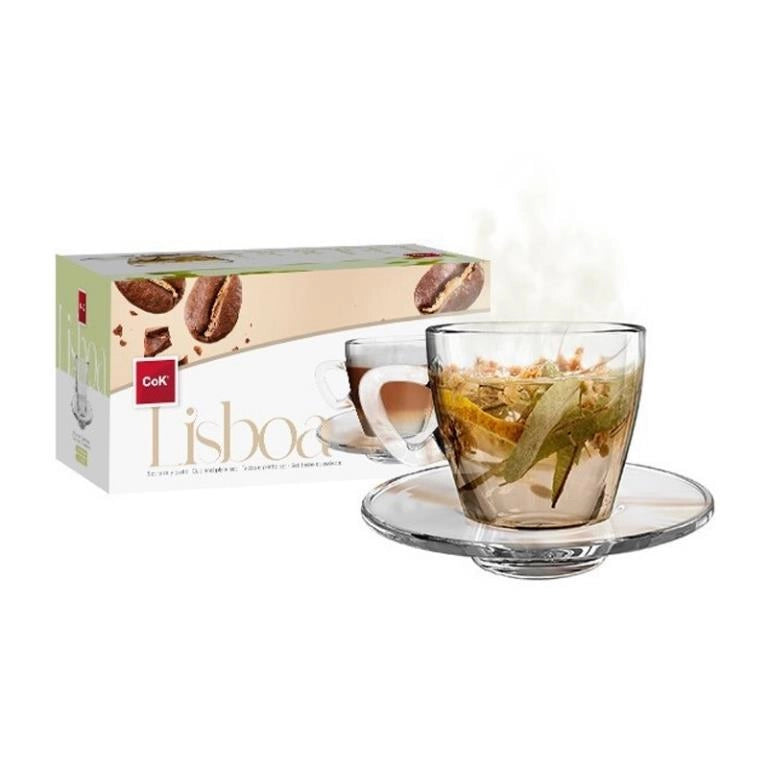 Set 6 Tazzine Tazze Caffè in Vetro Lisbona con Piattini 20 cl