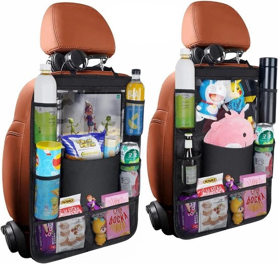 Organizzatore di Auto per 2 Posti Neri 600D Tessuto Ossidiana Impermeabile con Supporto per Tablet Tattile e 8 Cesti a Maglia